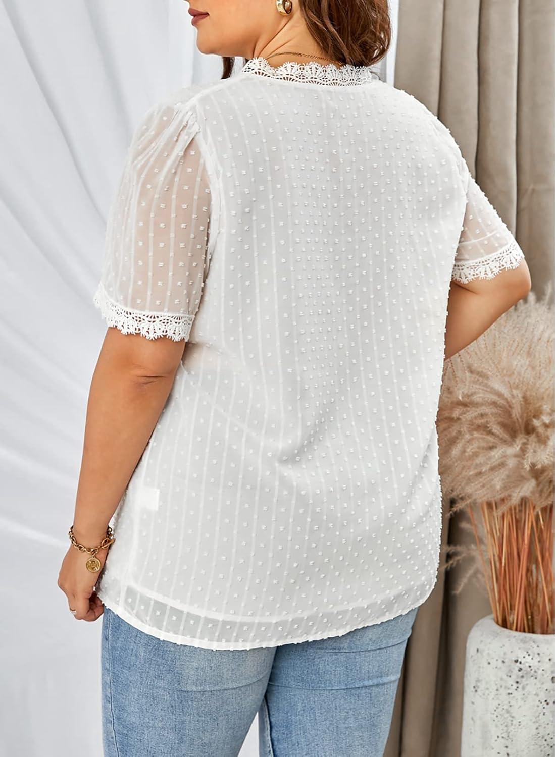 Eytino Womens Plus Size Tops Casual Summer Short Sleeve V Neck Lace Crochet Chiffon Blouses Shirts(1X-5X) - Image 7