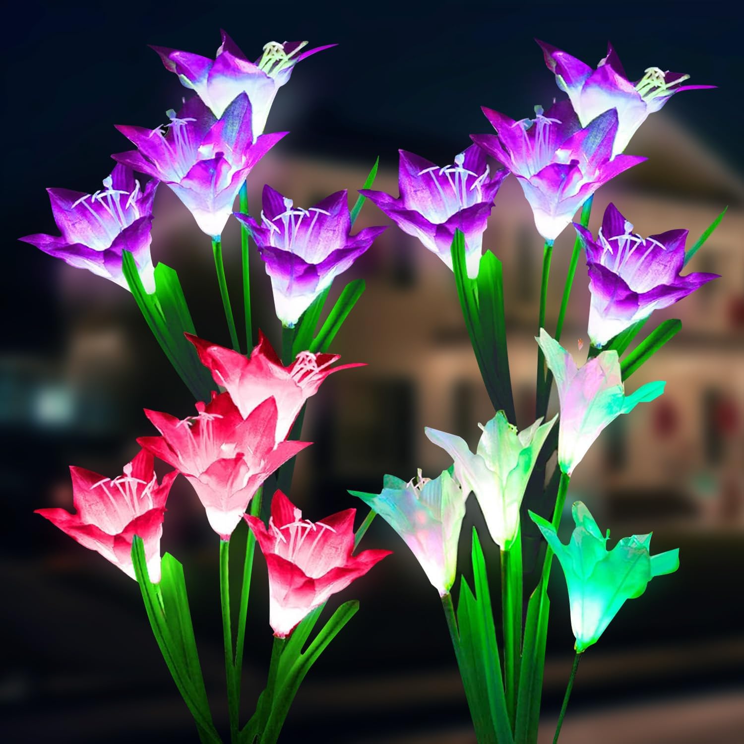 Amzxart Solar Lights Outdoor Garden, 4 Pack Garden Lights with 16 Bigger Lily Flowers, Multi-Color Changing LED Outdoor Solar Lights Waterproof for Patio Deck Yard Garden Decoration