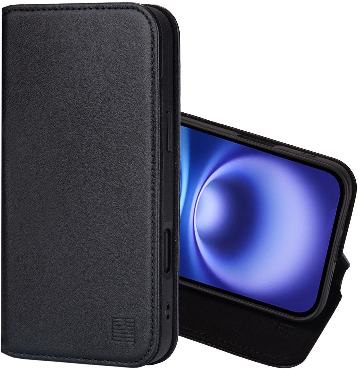 32nd Classic Series 2.0 - Real Leather Book Wallet Flip Case Cover for iPhone 16 (6.1"), with RFID Blocking Card Slot, Magnetic Closure and Built in Stand - Black