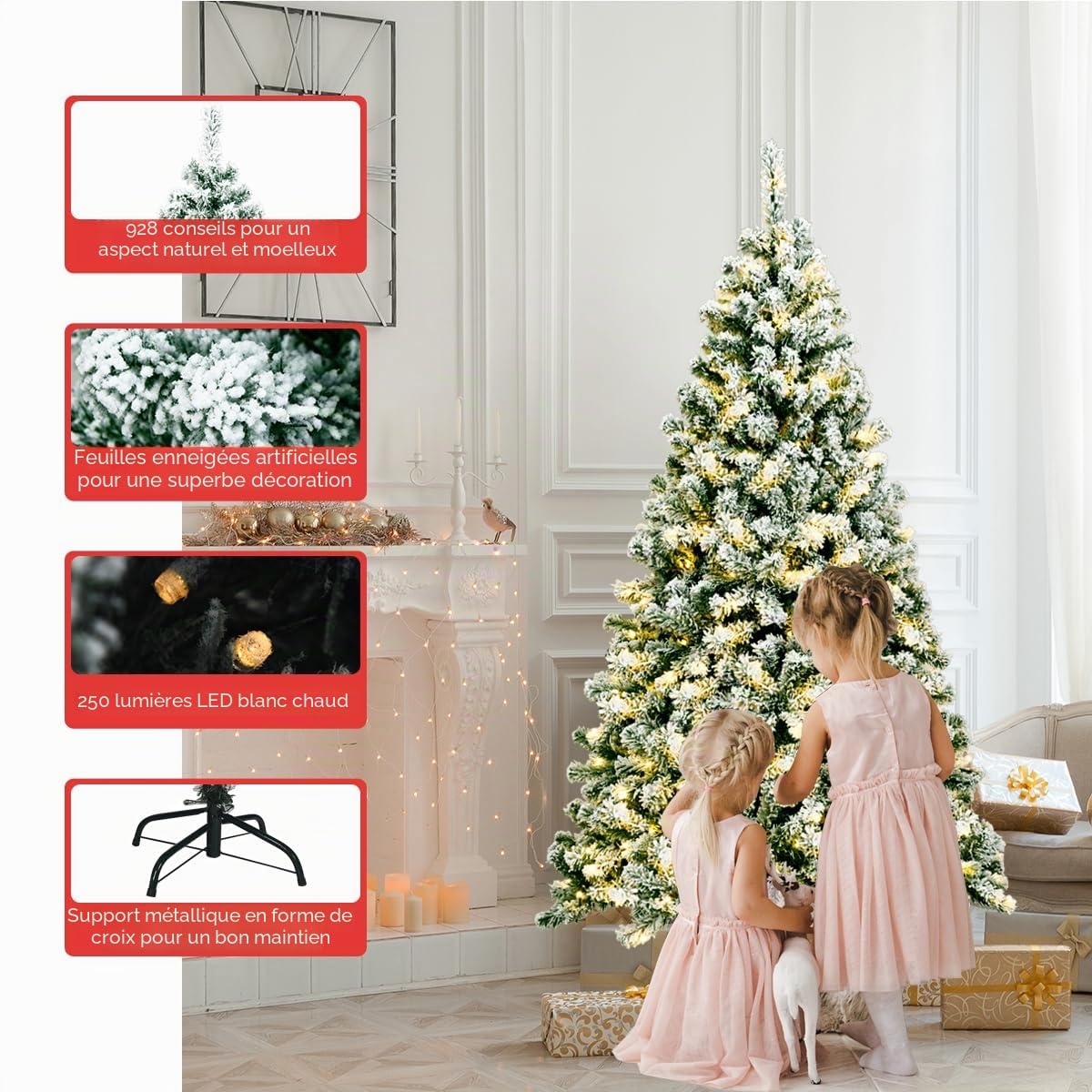 LIFEZEAL Sapin de Noël Artificiel 140/180/225 cm, Arbre de Noël avec Système de Pliage, Décoration de Noël avec Support en Métal (Vert+Blanc|avec LED, 180cm)
