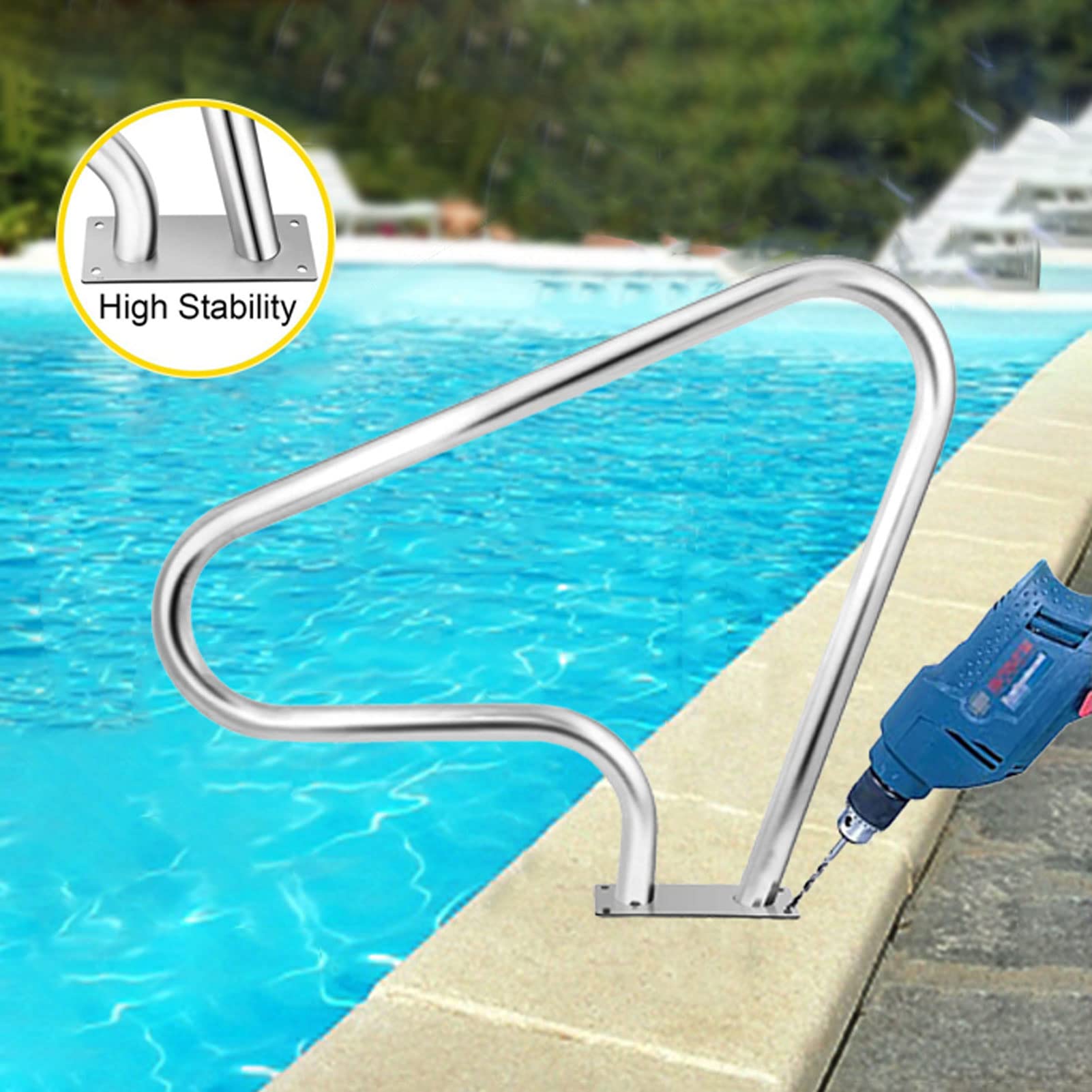 Pasamanos de Seguridad para Piscina Pasamanos para Piscina enterrada, 99x8 1 cm/39 x 31,9 Escalera de Piscina Riel de Entrada para Piscina con Placa de Soporte de Montaje rápido