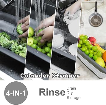 Over The Sink Collapsible Colander Strainer Basket - Extendable Silicone Sieves and Strainers, Wash Vegetables and Fruits, Drain Cooked Pasta, Environmentally Friendly, New Kitchen Essentials