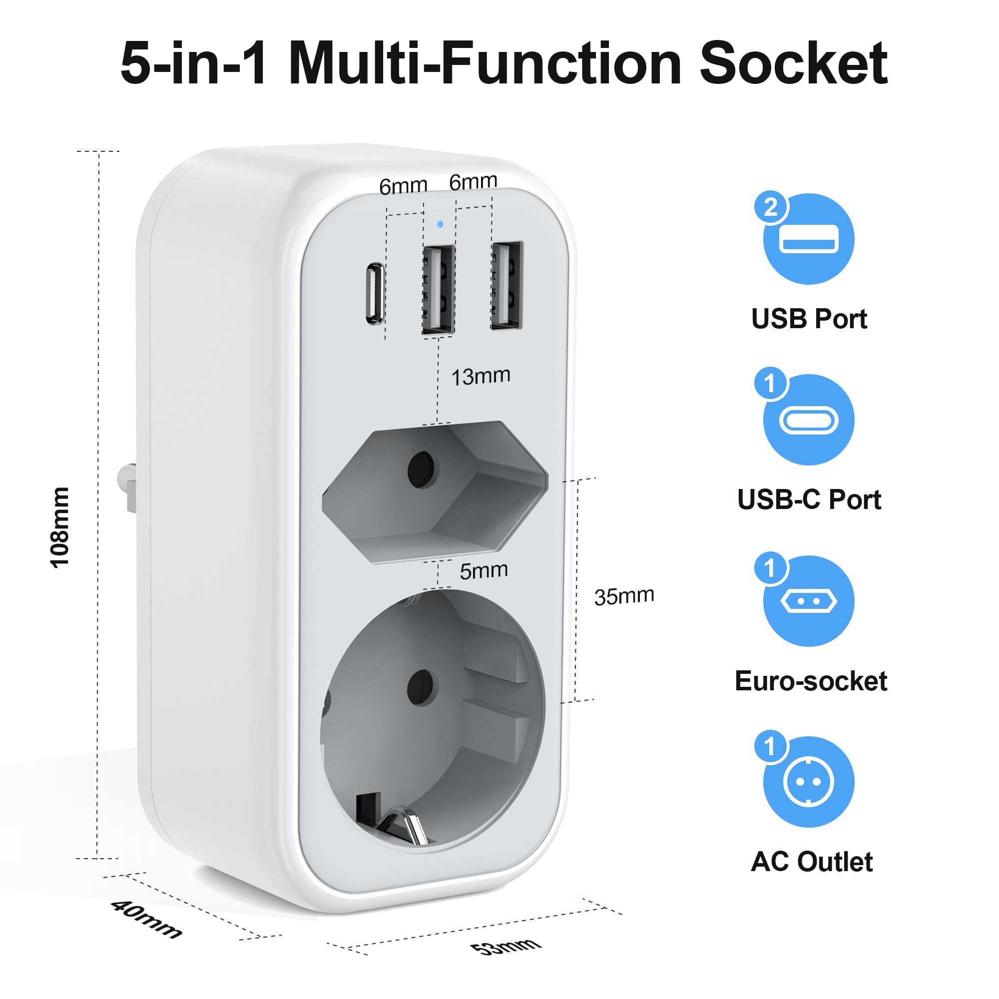 Presa Multipla Viaggio 5 In 1 Con 20W USB-C: Adattatore Italiano Con 3 USB E 2 Prese, Salvaspazio Per Casa E Ufficio