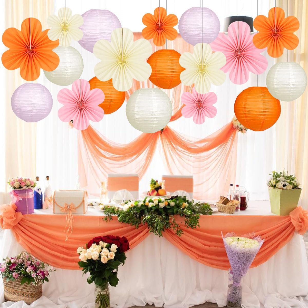 Pink and Orange Party Decorations Paper Lanterns Flower Fans for Spring Baby Shower Birthday Bridal Shower Mothers Day Classroom or Garden Party Decor Set of 18
