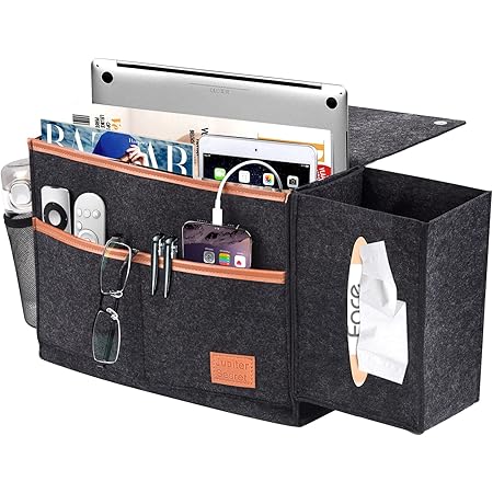 JupiterSecret Bedside Caddy with Tissue Box & Bottle Holder for Remote Control Phone Ipad Magzine Laptop, Bedside Storage Organizer for Dorm Room Nightstand Sofa Desk Bunk Beds(13.7*10.2 In)