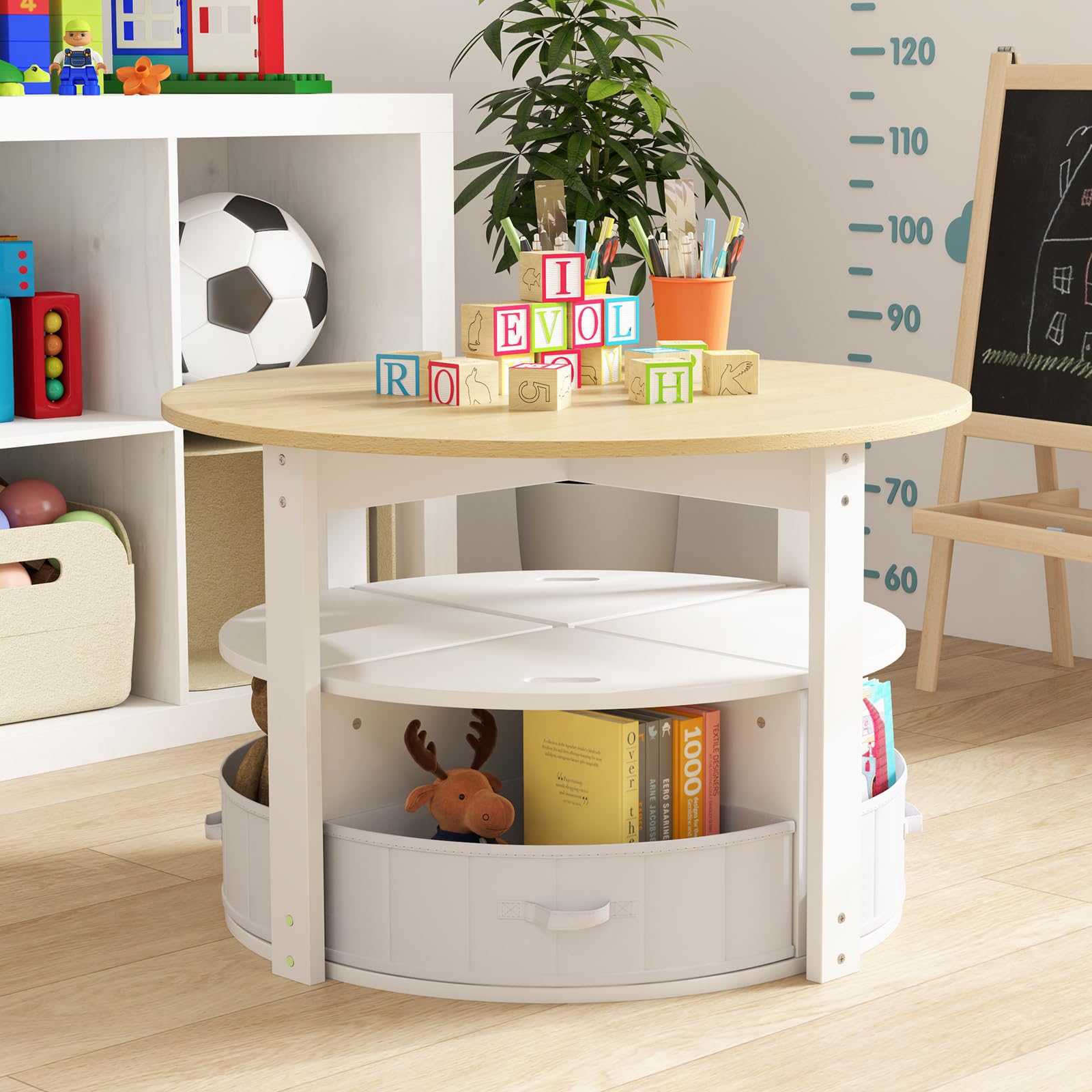 COSTWAY Table Enfant Ronde avec 4 Chaises Empilables, Table d’Activité en Bois avec 4 Tiroirs en Tissu Pliable, Bureau Montessori pour Salle de Jeux Chambre d'enfant, Charge 50/90 pour 3 Ans+