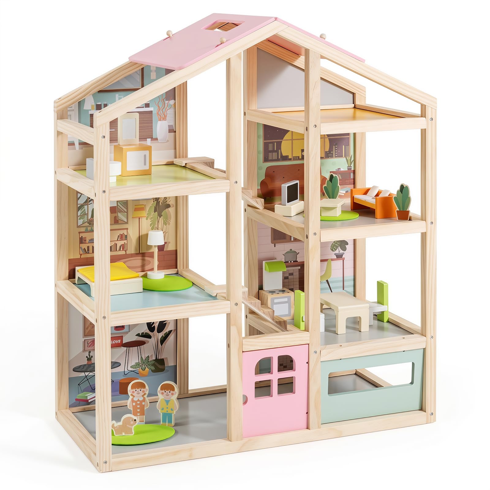 COSTWAY Wooden Dollhouse, Kids DIY Pretend Playhouse with 7 Rooms, Furniture Accessories & Figures, Large Dolls House for Girls Boys Ages 3+ (Pink)