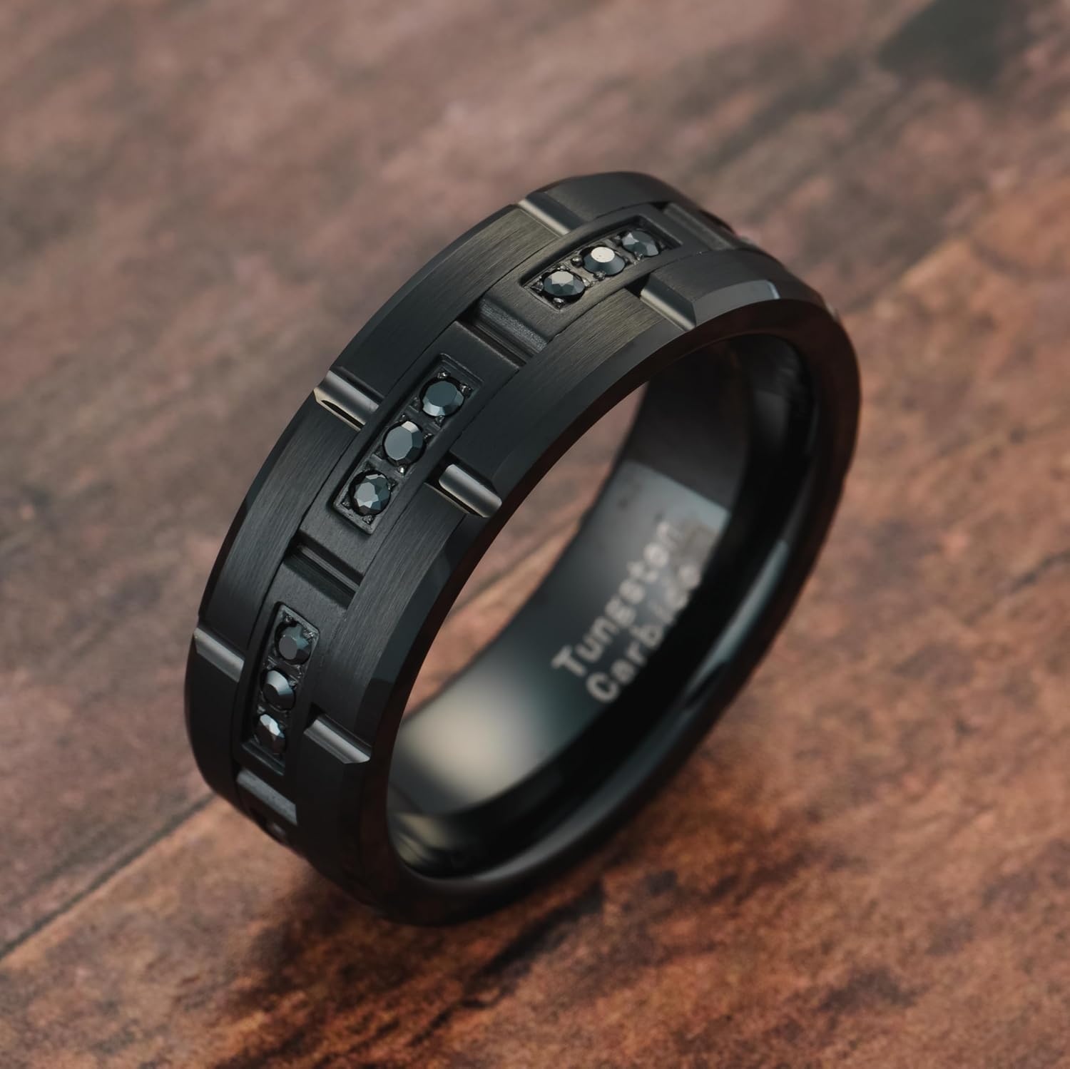 100S JEWELRY Black Tungsten Rings For Men Wedding Band Black CZ Moissanite Inlay Rectangular Shapes Matte Finish Size 6-16 - Image 2