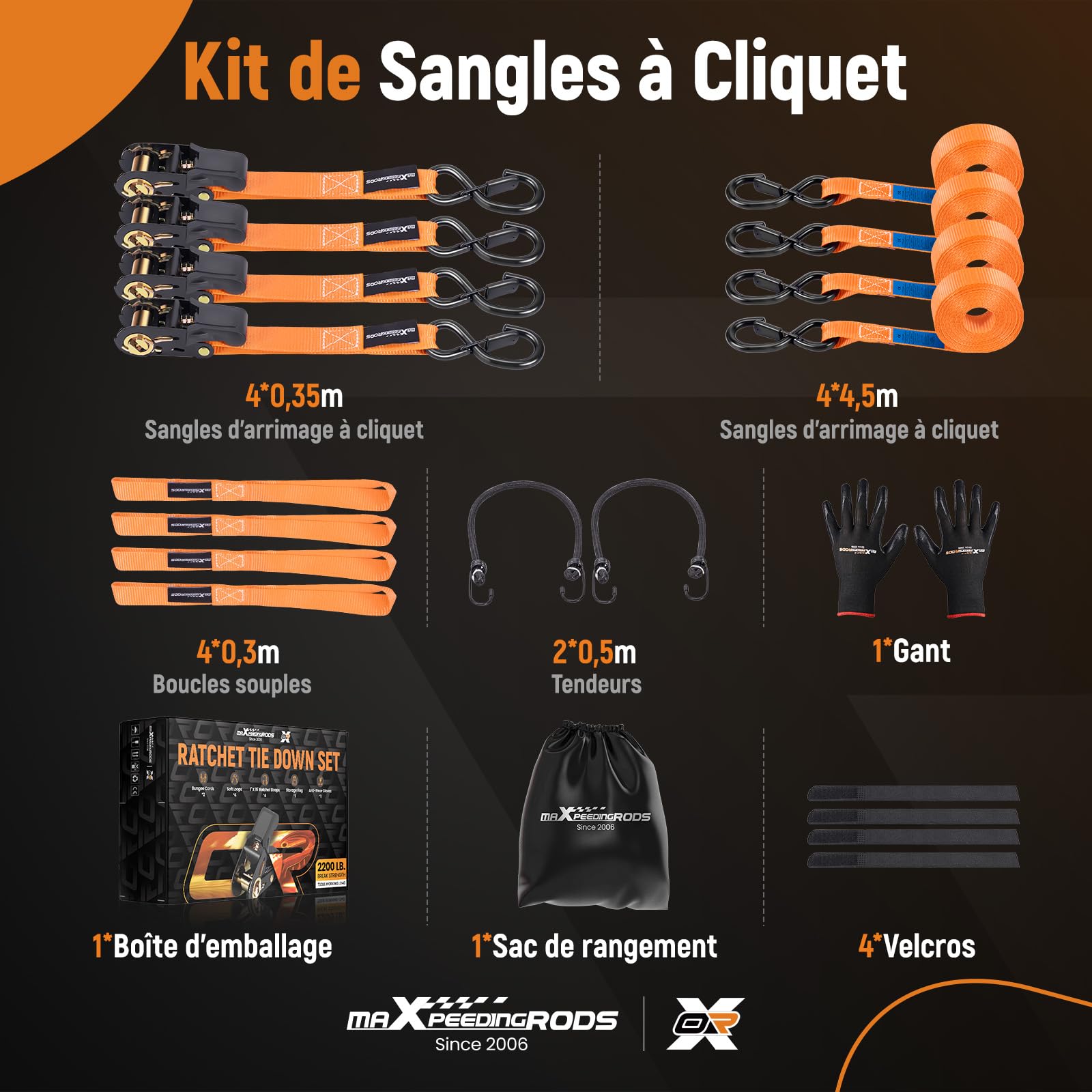 maXpeedingrods 4 x997 kg Sangles d'arrimage Sangle à Cliquet de 4,5m Orange | avec Crochet en S à Clip de Sécurité, en 12195-2