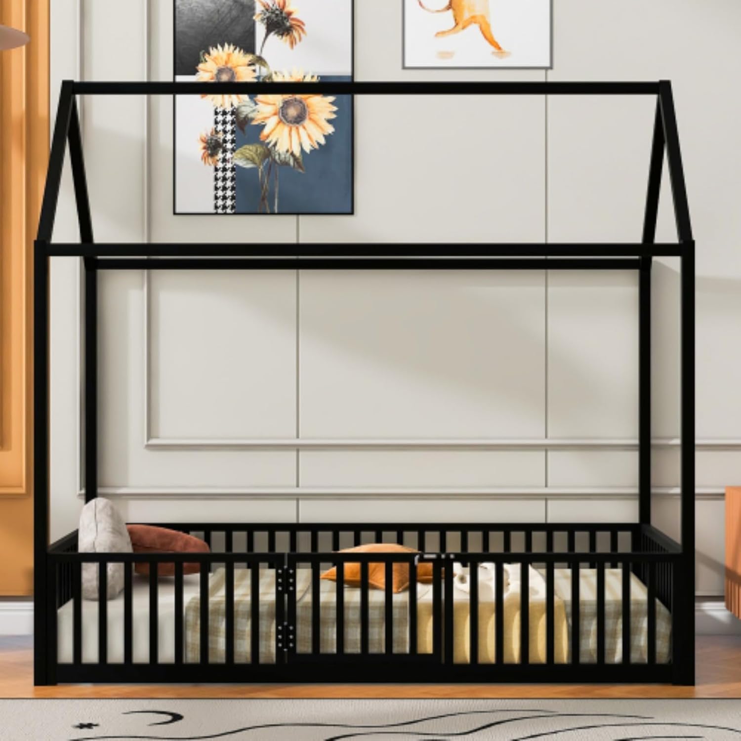 Full Size House Shaped Bed Frame with Roof, Fence, and Door for Children in Black Metal