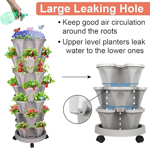 Miniatura 6 de Maceta vertical, maceta apilable de fresa de 7 niveles con juego de herramientas de jardín, maceta movible para interiores y exteriores, torre de
