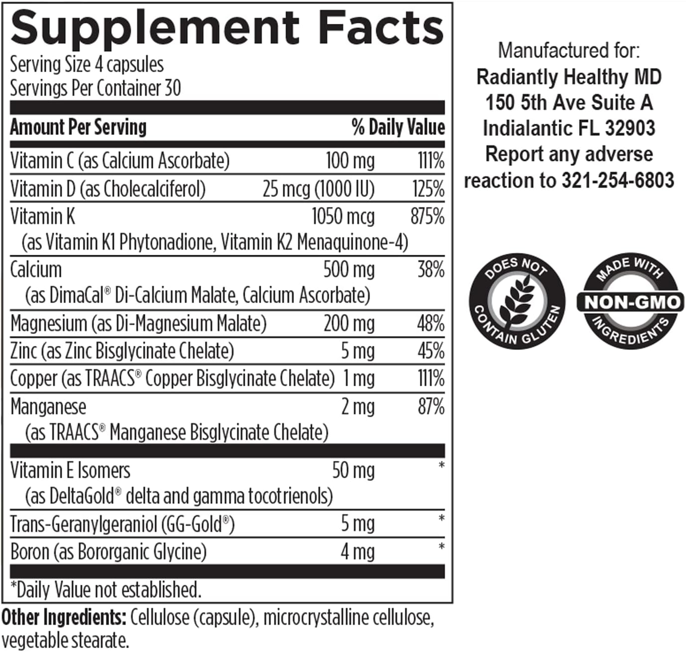 RHMD Bone Support Supplement Highly Absorbable Nutrients Calcium Malate, Magnesium, Zinc Bisglycinate Chelate, Vitamins D + K - Non-GMO, Soy Free(120 Vegetarian Capsules)