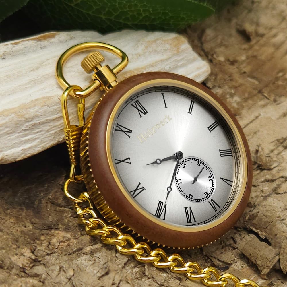 Holzwerk Germany 2 in 1 Handgefertigte Taschenuhr Tischuhr Standuhr Öko Natur Holz Taschen Uhr mit Kette Braun Gold Silber Römische Ziffern