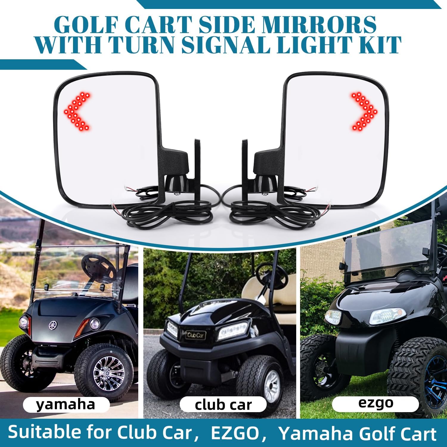 Universal Golf Cart Side Rear View Mirror, Golf Cart Rear Mirror with Turn Signal Light Suitable for Club Car EZGO Yamaha Side Mirrors