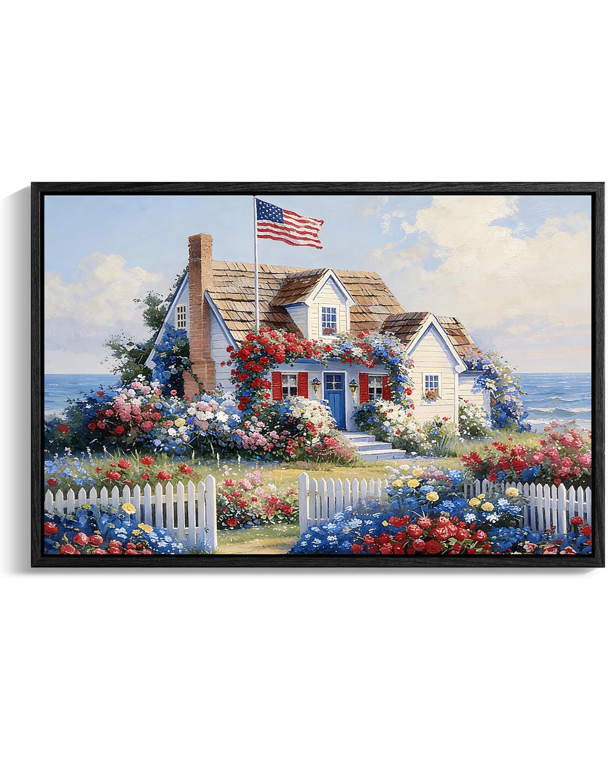American Flag Framed Canvas Wall Art, 4th of July Floral Canvas Prints