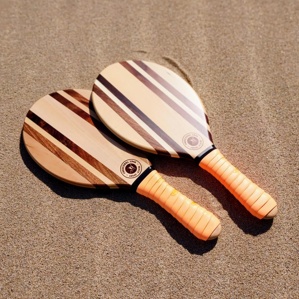 Set di 2 racchette da spiaggia in legno massiccio con palline, ispirazione brasiliana con borsa da trasporto in neoprene, design elegante