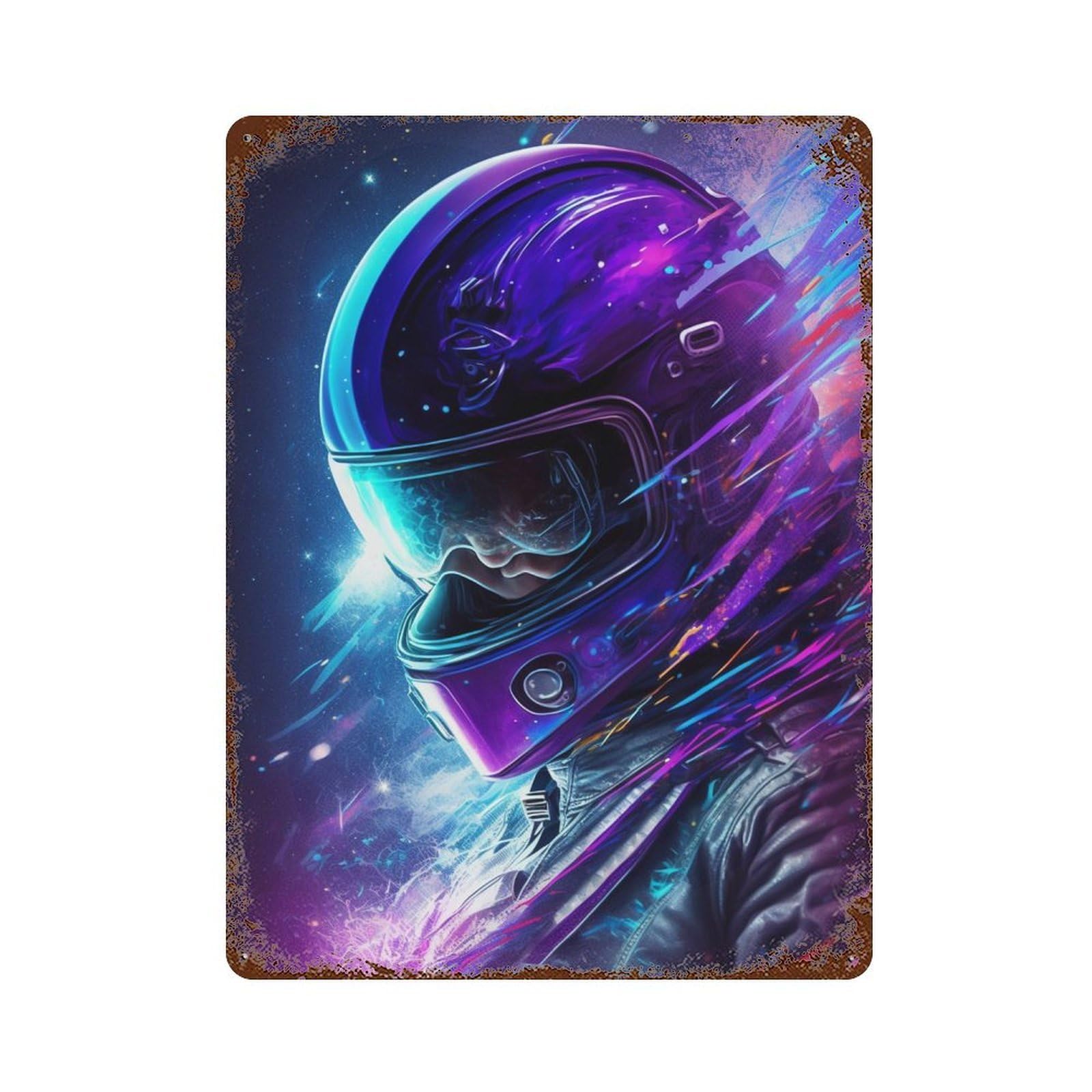 Neon Motorcycle Helmet Art Aged Metal Wall Plaque 15.7"x11.8", Farmhouse Wall Decor for Office, Studio And Wall Decor