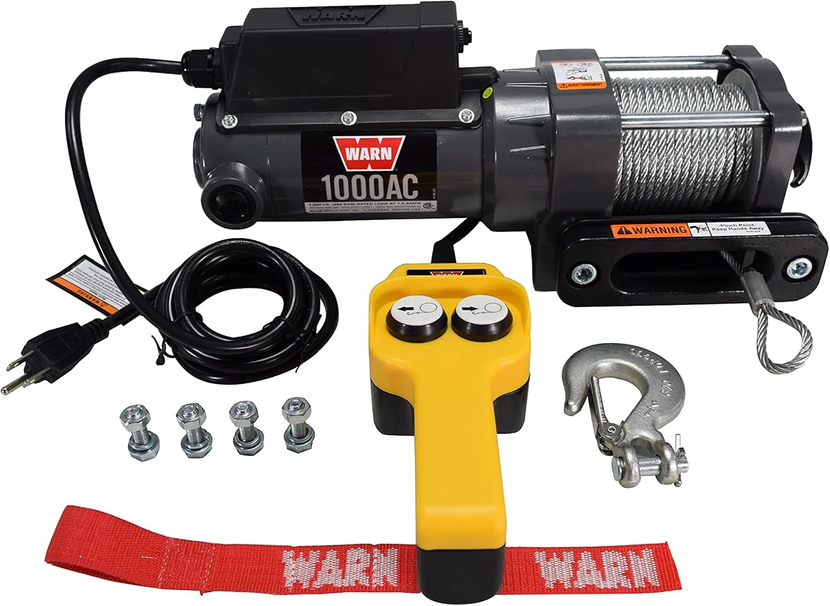 WARN AC Series Electric Winch 120V AC with 1000 lb Pulling Capacity (80010) | Durable Steel Cable, Remote Control & Automatic Brake | Powerful Utility Winch for Shops, Garages & Industrial Use