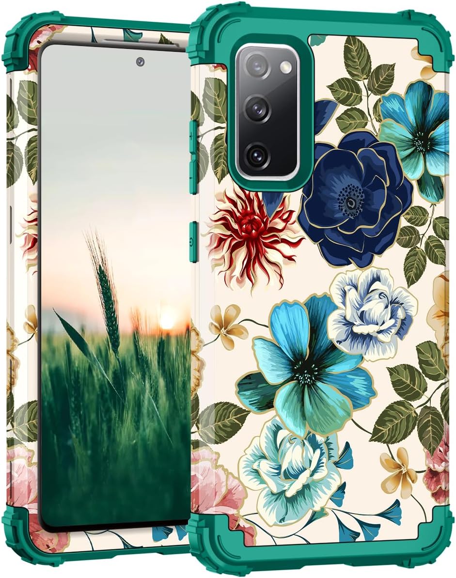 Hocase for Galaxy S20 FE 5G Case, Heavy Duty Shockproof Protection Soft Silicone Rubber+Hard Plastic Bumper Hybrid Protective Case for Samsung Galaxy S20 FE (6.5"") 2020 - Teal Flowers