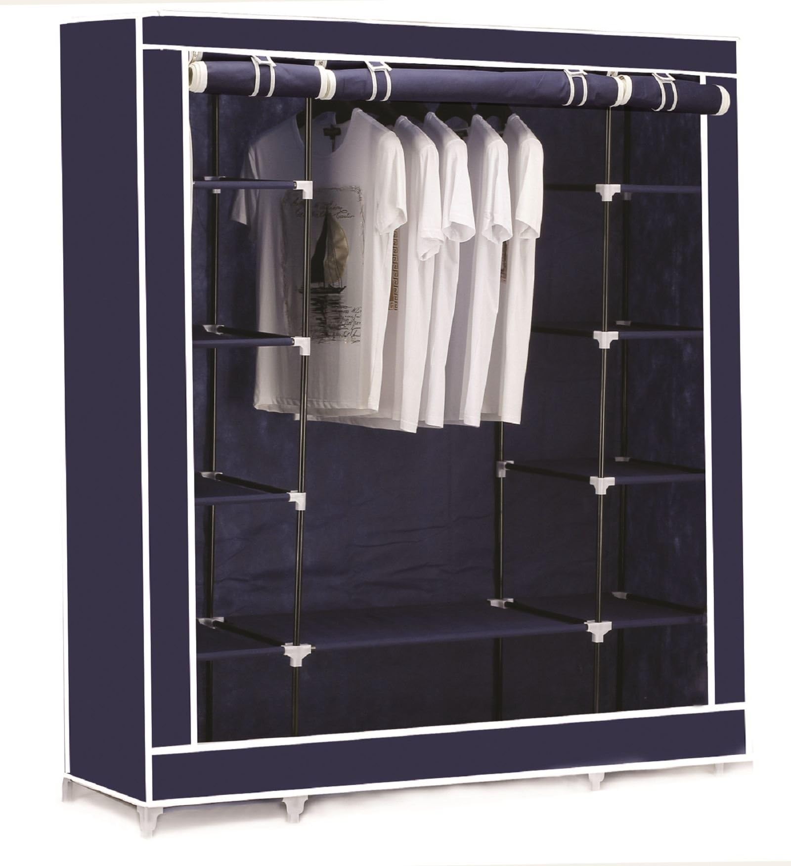 Vinsani® Triple Canvas Clothes Wardrobe Cupboard Hanging Rail With Storage Shelves