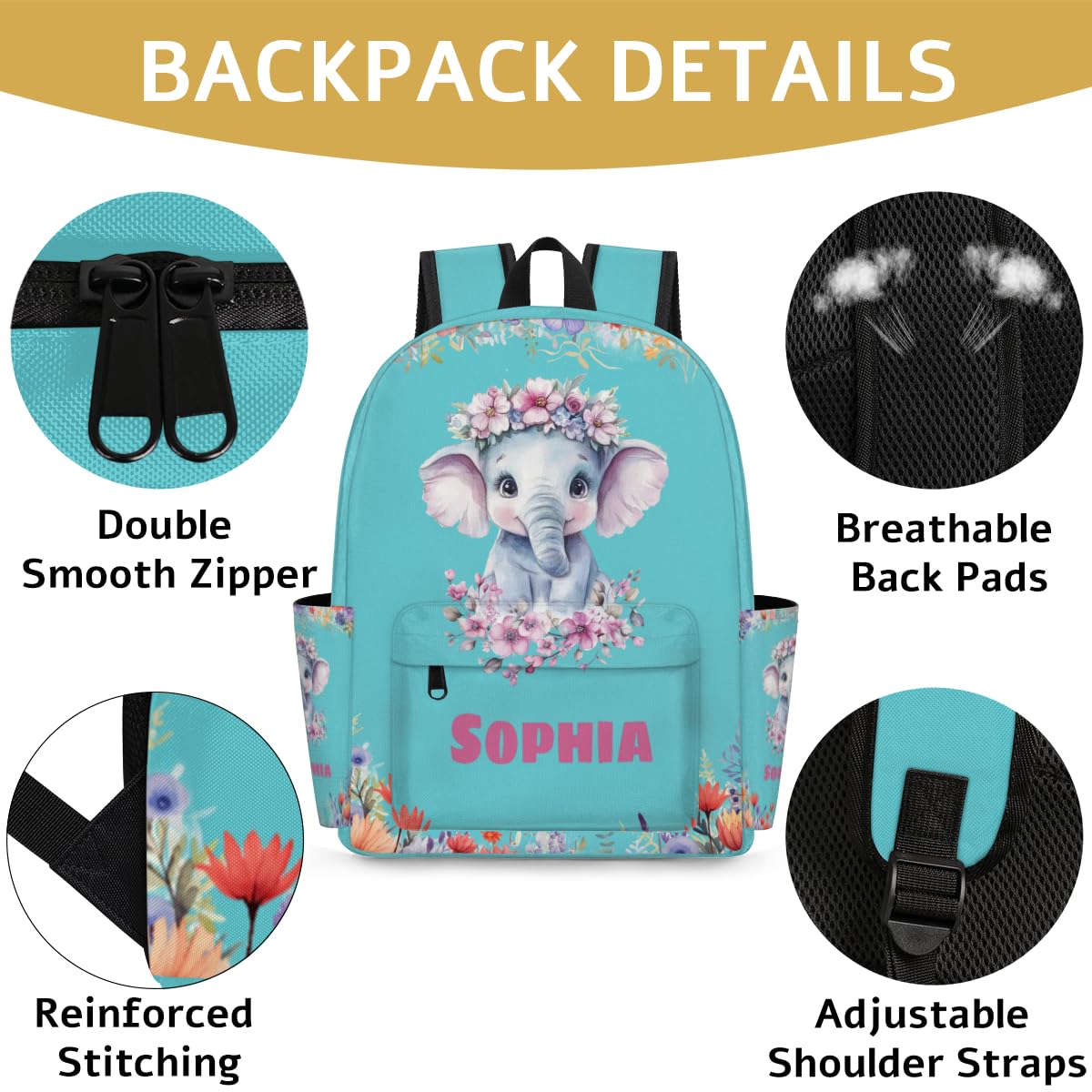 KFNHN Custom Shoulder Bag with Name, Personalized Backpack Customized Casual Bag Cute Floral Elephant Dark Turquoise