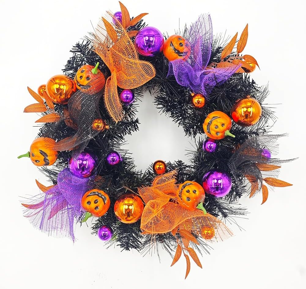 BtcFu Halloween Wreath, Ghost Face Pumpkin Decorative Pendant Home Decoration Ghost Festival Door Decoration, Diameter 45/50cm, 50CM