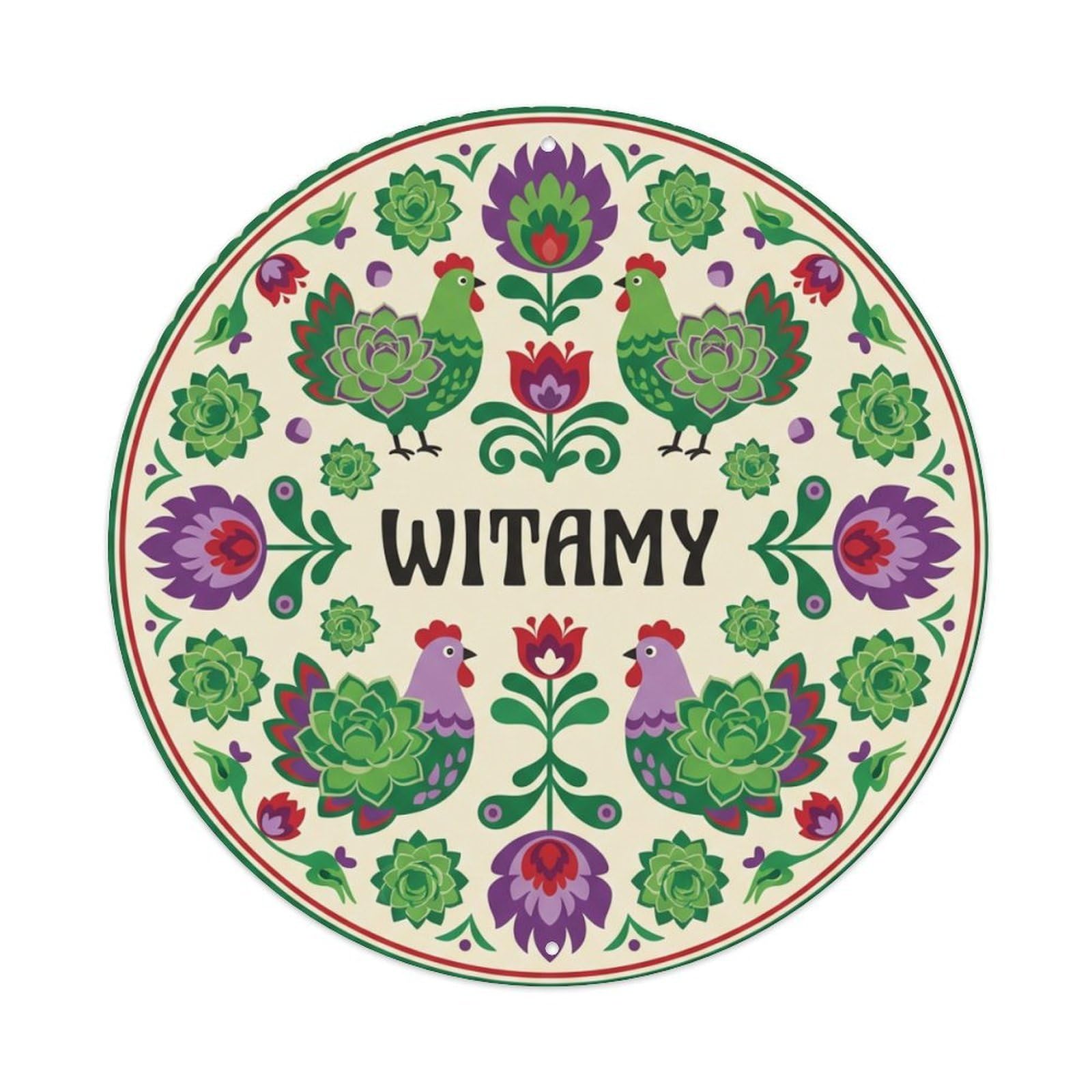 Fyrn Style Metal Tin Sign Vintage Polish Folk Art Witamy Welcome Sempervivum