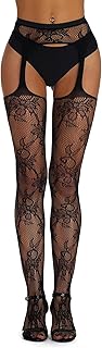 ohmydear Fishnet Tights for Women High Waisted Garter Pantyhose Plus Size Lace Patterned Thigh High Stretchy Sexy Stockings