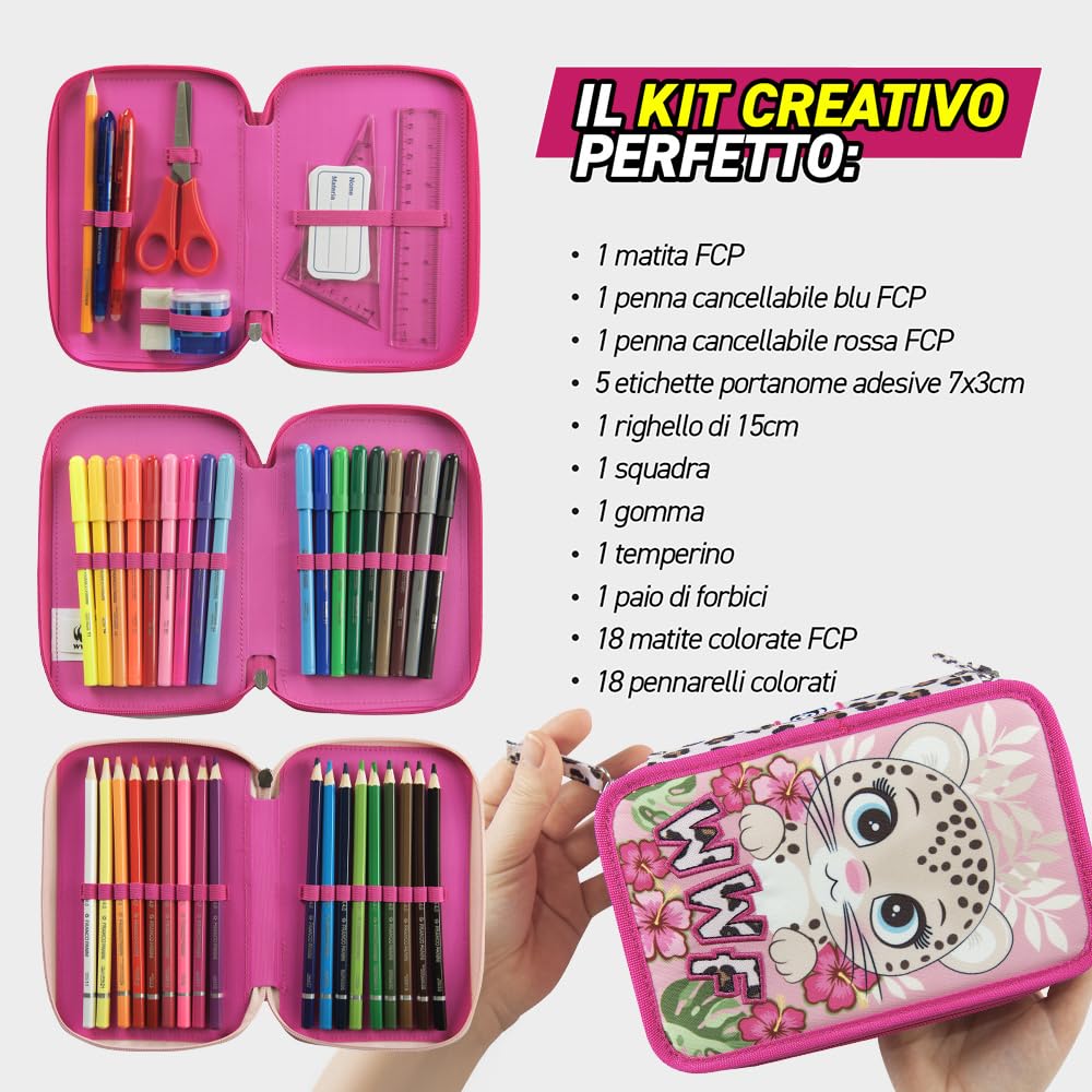 WWF - Astuccio Scuola Ufficiale WWF, Astuccio 3 Scomparti Bambino e Bambina con Set Cancelleria, Penna Cancellabile Blu e Pratica Chiusura a Zip, 20x13Hx7 cm