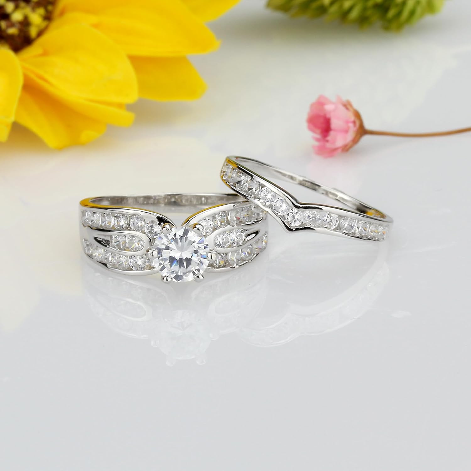 Sterling Silver Round CZ 2 pcs Bridal Wedding Ring Sets 13MM (Size 5 to 10)