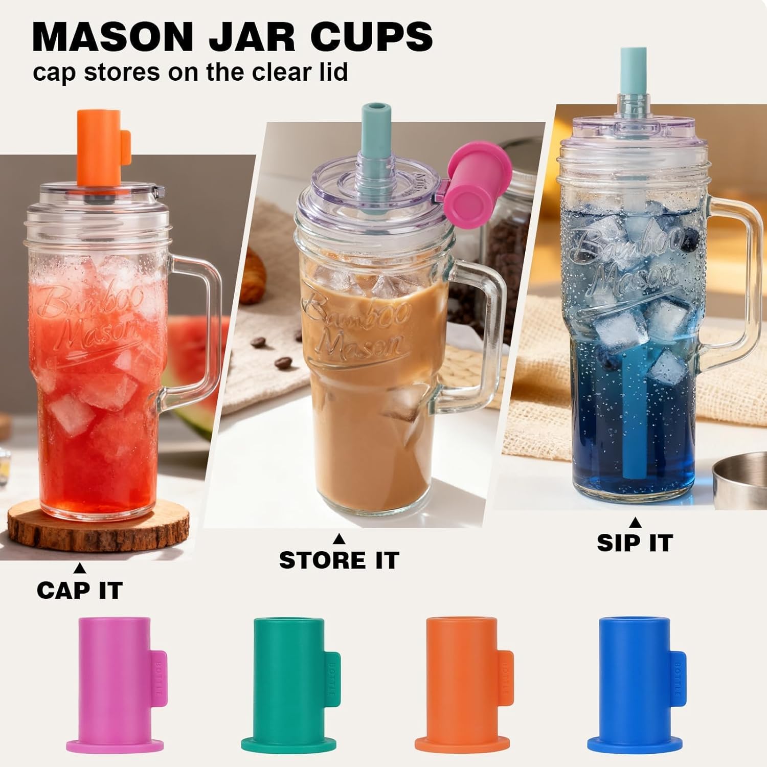 Bamboo Mason Leakproof Mason Jar Cups with Lids and Straws, 24oz Glass Tumbler with Handle, Leak-Proof Rotating Lid & Silicone Straw, Reusable Iced Coffee & Matcha Cup Set Coffee Gifts for Women -2pc - Image 6
