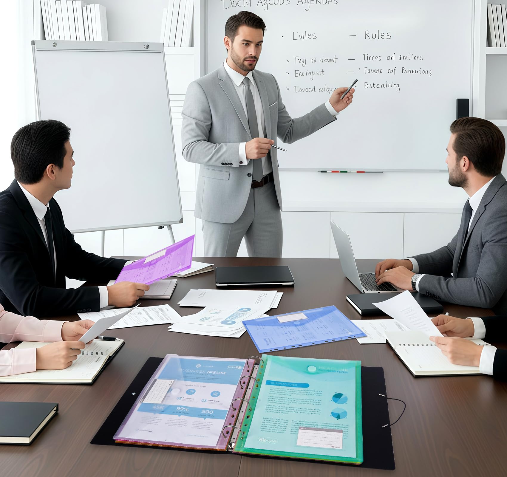 Agoer Classeur à Anneaux A4 noir avec 12 Pochettes Plastique en 6 Couleurs, Intercalaires en Plastique, étiquettes Inscriptibles et Porte-cartes, Présentoir Parfait pour les Présentations, Organiseur
