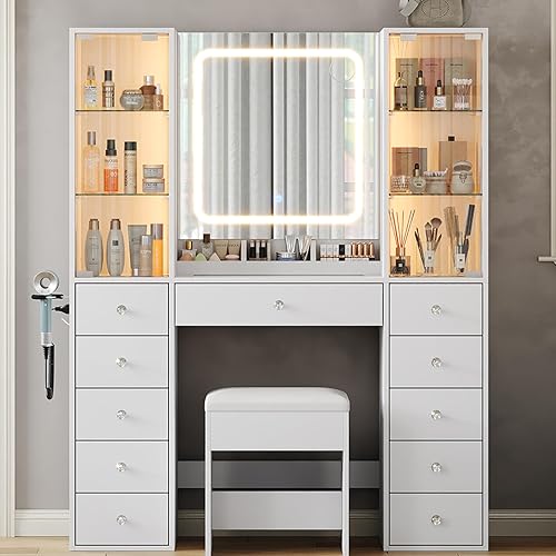 Miniatura 11 de Escritorio esquinero con altavoz Bluetooth, 8 cajones y 6 estantes, tocador de maquillaje con parte superior de cristal, tocador moderno con espejo