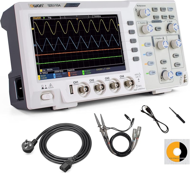 100Mhz Digital Oscilloscope SDS1104, 7 inch LCD Digital Storage oscilloscope Support SCPI, and LabVIEW,1GS/s 4 Channels Standard Decoder