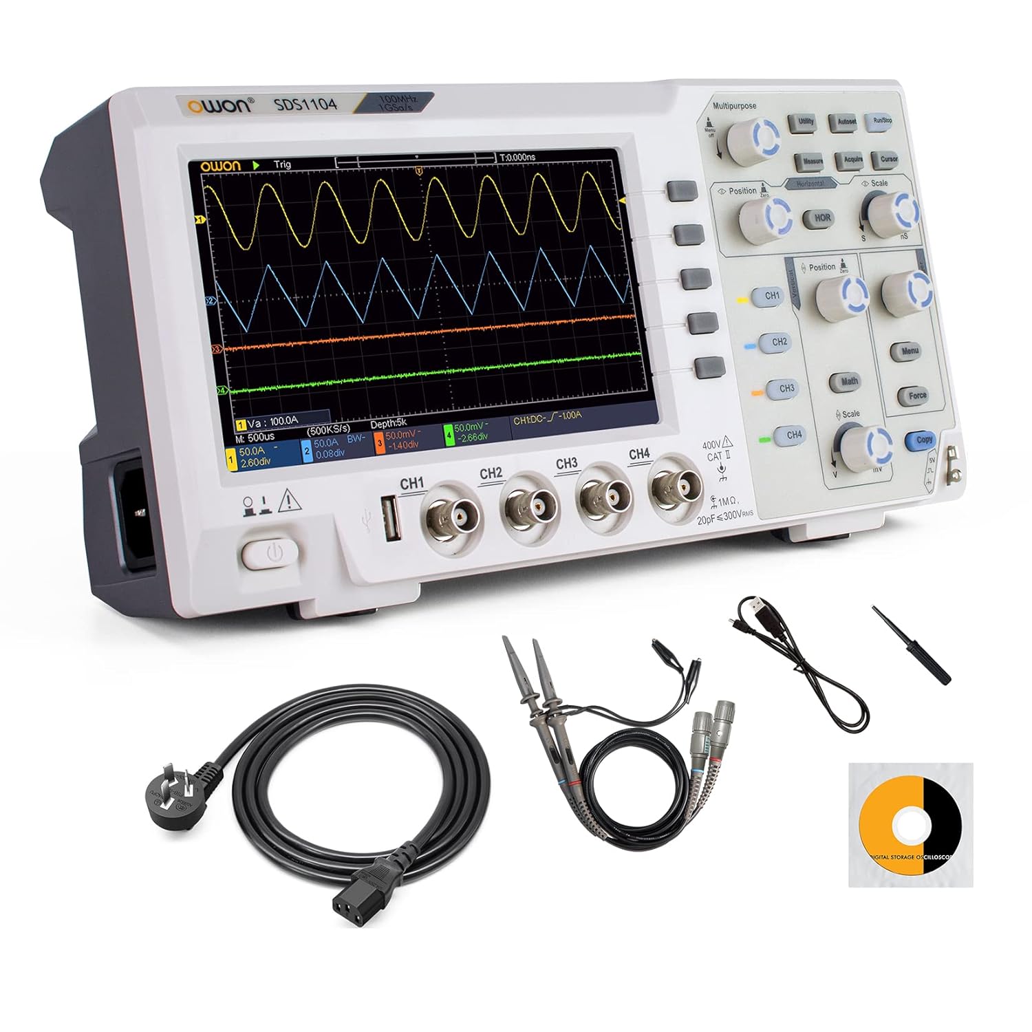 OWON 100Mhz Digital Oscilloscope SDS1104, 7 inch LCD Digital Storage oscilloscope Support SCPI, and LabVIEW,1GS/s 4 Channels Standard Decoder