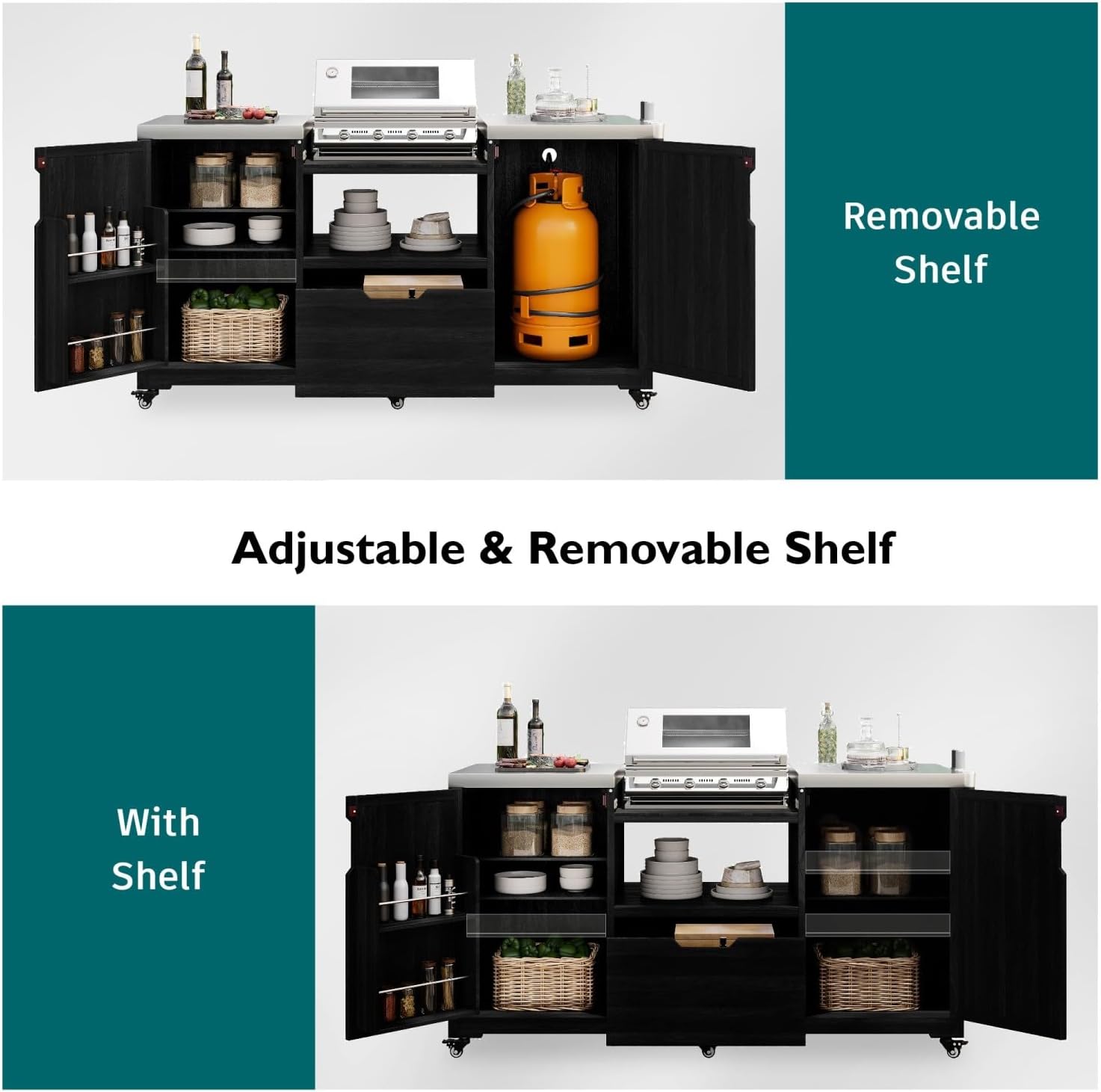 66.5" Outdoor Kitchen Island for Big Green Egg Grills - Wood + Stainless Steel Black - Weather-Resistant - Outdoor Lawn, Porch - Durable