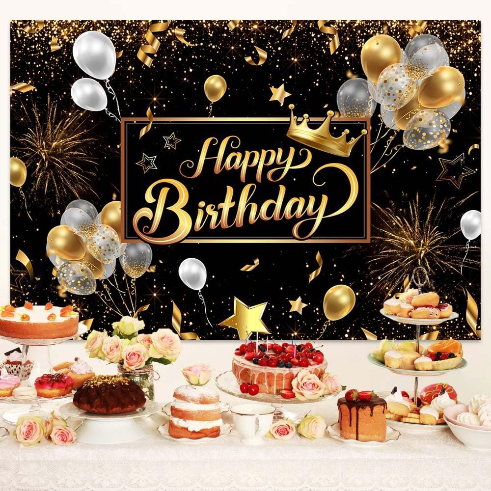 10X8ft Gold Birthday Backdrop Black Gold Glitter Happy Birthday Background Glitter Balloon Party Decor, Gold and White Balloon Ribbon Banner Decor Portraits Photo Props