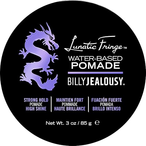 Billy Jealousy Lunatic Fringe Water-Based Pomade for Men, Strong Hold, High Shine, Water Soluble and Vegan Hair Product Ideal for Medium to Long Thick Mane, 3 oz