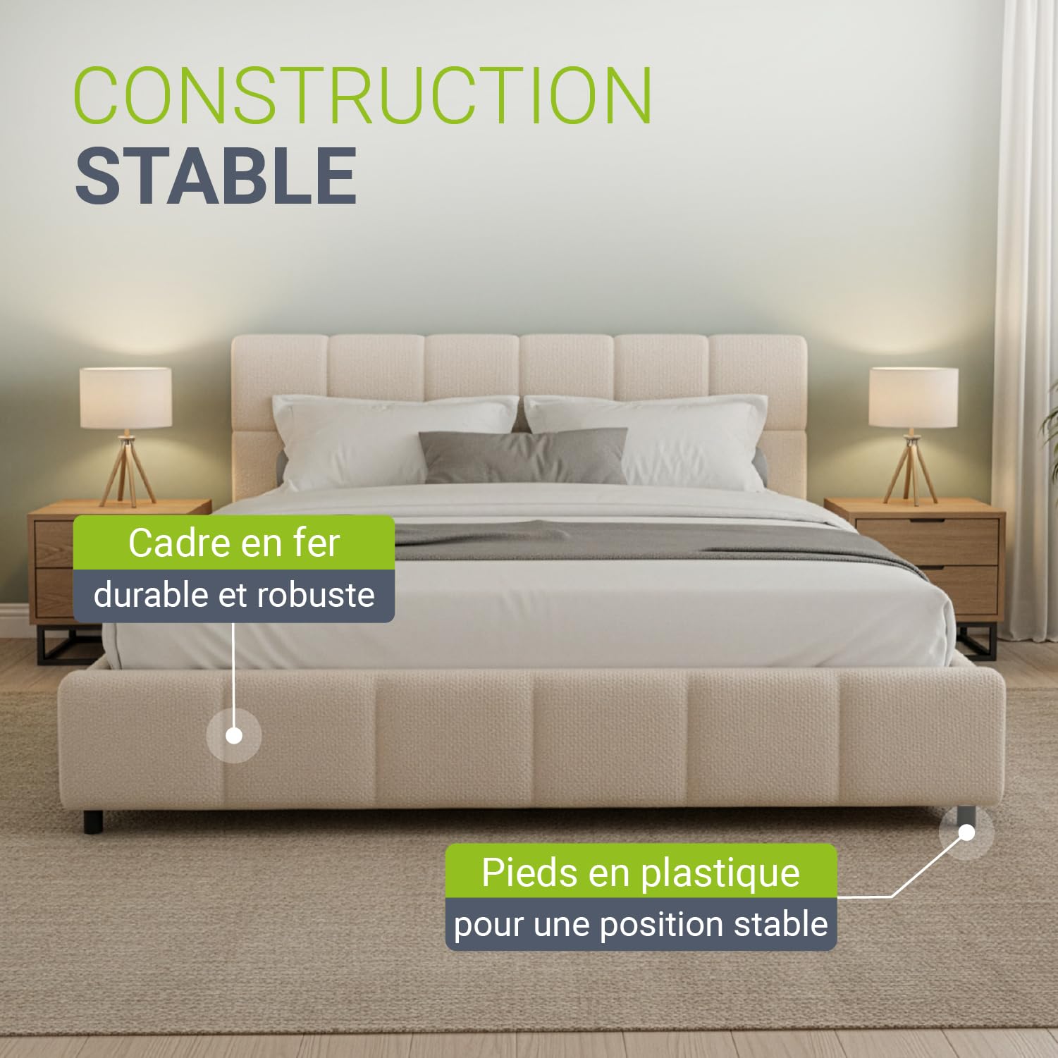 Juskys lit capitonné Florenz 180 x 200 cm – en Tissu bouclé, lit Moderne avec tête & Pied, Cadre en Bois & métal, sommier à Lattes, capacité 500 kg – Beige