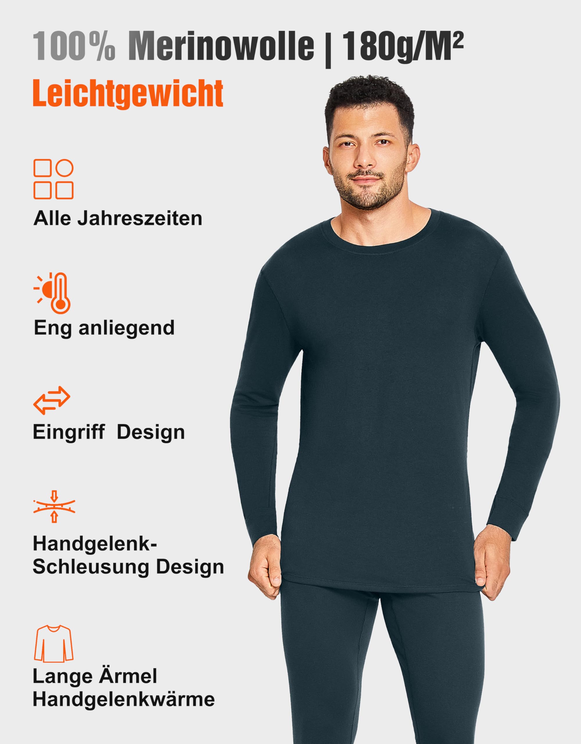 YESWEL 100% Merino Unterwäsche Herren Set, Weich Winter Thermounterwäsche, Warme Merinowolle Skiunterwäsche, Langarm Shirt und Hose (Gr.M-XXL)