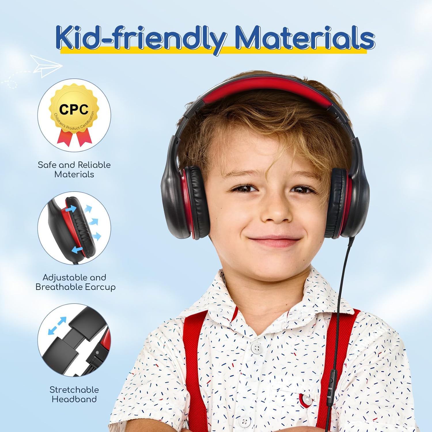 EarFun K1 Kids Headphones Wired with Microphone, 85/94dB Volume Limit Headphones for Kids, Portable Wired Headphone with Shareport, Stereo Sound Foldable Headset for School/Tablet/iPad, Black Red - Image 4
