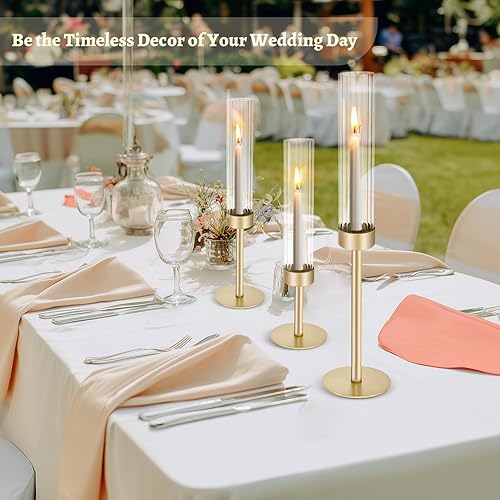 Miniatura 2 de Portavelas de cristal dorado de huracán portavelas de vidrio alto Cadhodenm para boda, juego de 6 portavelas cónicos de latón, portavelas moderno