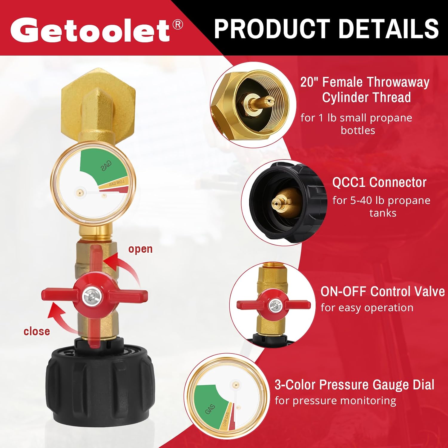 Propane Refill Adapter for 1 lb. Tanks, Propane Refill Elbow Adapter with Valve and Gauge, Propane Adapter 20lb to 1lb Converter with 4 Caps for 1 Pound Propane Bottles
