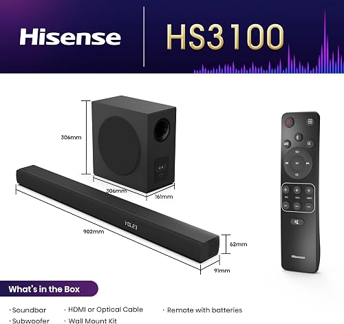 Hisense Soundbar HS3100-6-speaker surround sound system, 480W Total Output Power,6.5”Wireless subwoofer, Rear surround speakers, Dolby Digital Plus and DTS Virtual:X, EzPlay and Bluetooth 5.3 - 2