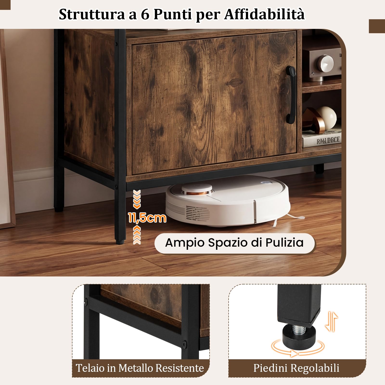 COSTWAY Mobile TV Soggiorno fino a 65", con 2 Armadietti e 4 Ripiani Aperti, Tavolino Porta TV con Gambe in Metallo, Centro di Intrattenimento per Soggiorno Camera da Letto (Marrone, 147 x 35 cm)