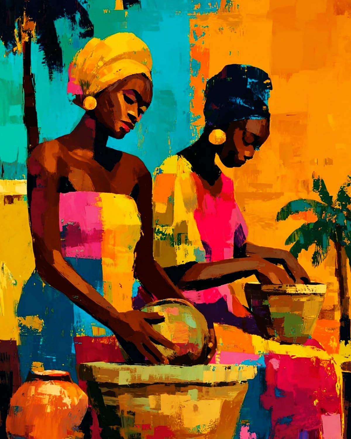 Liubaishi Women's Multicolour Paint By Numbers For Adults, African Pottery Twin Beauties, 40X50 Cm Acrylic Canvas Painting Kit