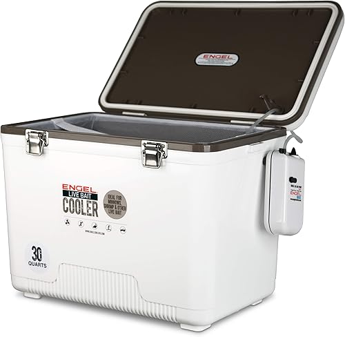 Miniatura 3 de Engel Caja enfriadora de cebo vivo con bomba aireadora de 2 generación de 2 velocidades, estación de pesca portátil y cubo de pececillos para