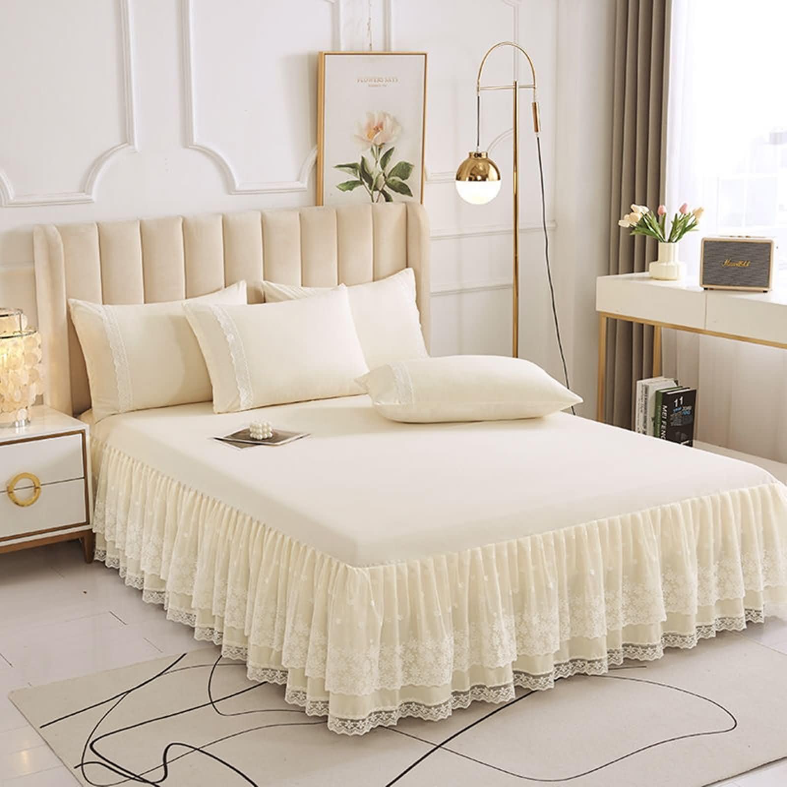 Drap housse 135x200cm beige microserifore jupe de lit avec dentelle Beydodo