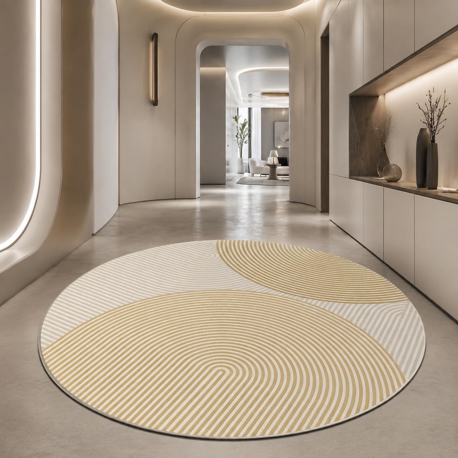 Tapis rond abstrait géométrique beige et jaune 100 cm pour décoration de chambre