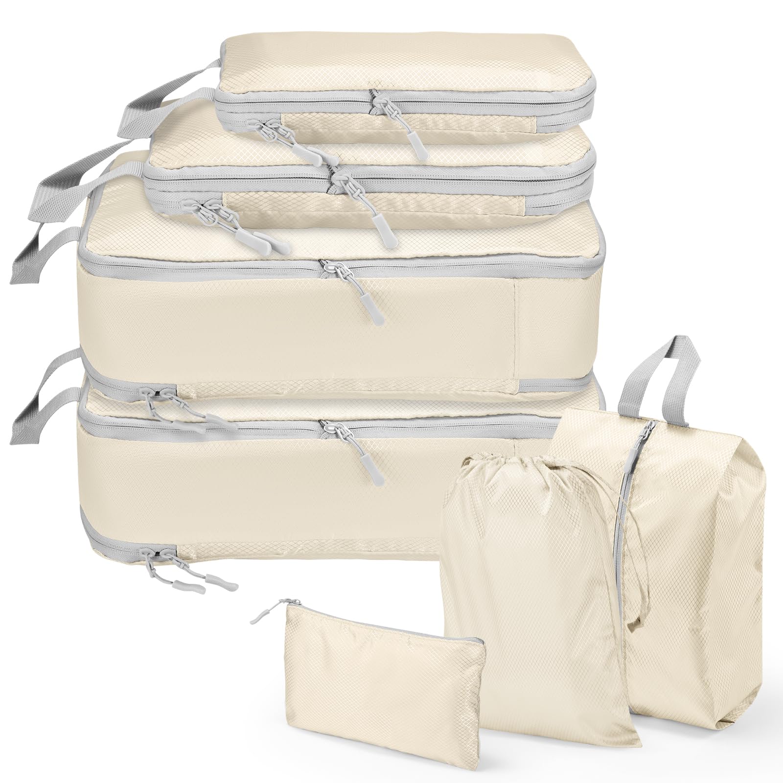 Compression Packing Cubes, Travel Storage Bag, Suitcase Organizer Bags, Carry On Luggage (Beige, Set of 7)